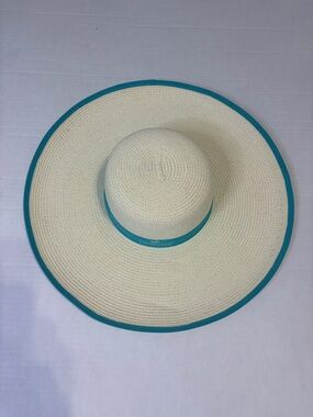 Montego Bay Wide Brim Floppy Beach Straw Sun Hat Cream with Teal Trim
